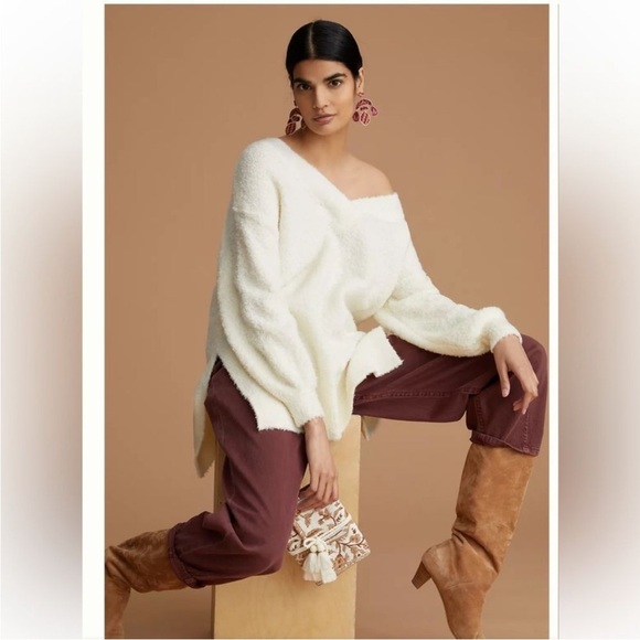 Anthropologie Pilcro Teddy V-Neck Oversized White Wool Blend Sweater Large - Picture 1 of 5